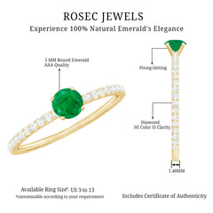 4 MM Emerald Dainty Solitaire Ring with French Pave Set Diamond