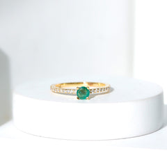 4 MM Emerald Dainty Solitaire Ring with French Pave Set Diamond