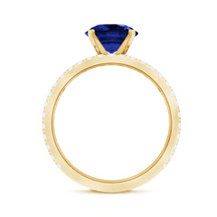 Round Lab Grown Blue Sapphire Solitaire Ring Set with Diamond