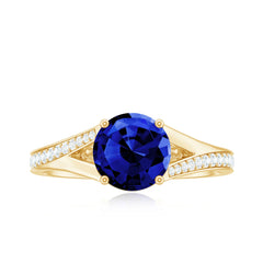 8mm Round Lab Grown Blue Sapphire Engagement Ring with Diamond Split Shank