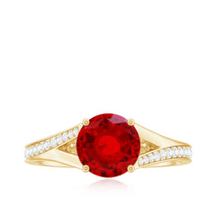 Lab Created Ruby and Diamond Engagement Ring in Split Shank