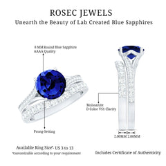 Certified 2.7 Carat Lab Grown Blue Sapphire Engagement Wedding Ring Set with Moissanite