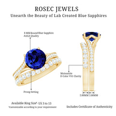 Certified 2.7 Carat Lab Grown Blue Sapphire Engagement Wedding Ring Set with Moissanite