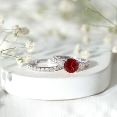 Classic Created Ruby Bridal Ring Set with Moissanite in Gold