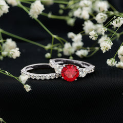 Classic Created Ruby Bridal Ring Set with Moissanite in Gold