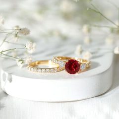 Classic Created Ruby Bridal Ring Set with Moissanite in Gold