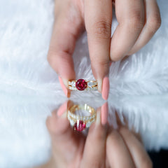 Classic Created Ruby Bridal Ring Set with Moissanite in Gold