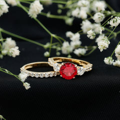 Classic Created Ruby Bridal Ring Set with Moissanite in Gold