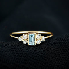 Natural Baguette Aquamarine Promise Ring with Diamond Trio