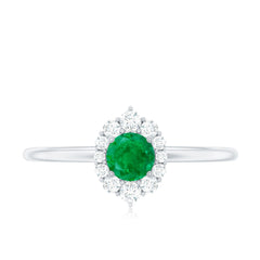 Certified Natural Emerald Promise Ring with Diamond Halo