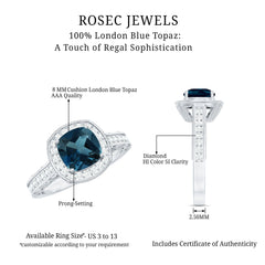 8 mm Cushion Cut London Blue Topaz Halo Engagement Ring with Diamond