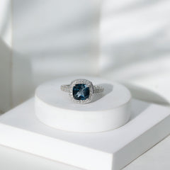 8 mm Cushion Cut London Blue Topaz Halo Engagement Ring with Diamond