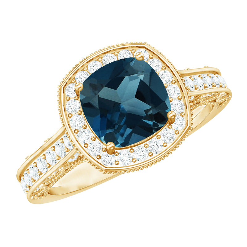 8 mm Cushion Cut London Blue Topaz Halo Engagement Ring with Diamond