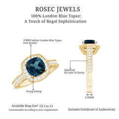 8 mm Cushion Cut London Blue Topaz Halo Engagement Ring with Diamond