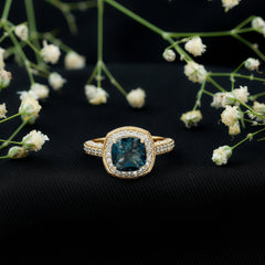 8 mm Cushion Cut London Blue Topaz Halo Engagement Ring with Diamond
