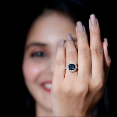 8 mm Cushion Cut London Blue Topaz Halo Engagement Ring with Diamond