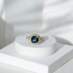 8 mm Cushion Cut London Blue Topaz Halo Engagement Ring with Diamond