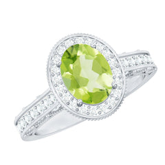Natural Peridot and Diamond Engagement Ring with Milgrain Details