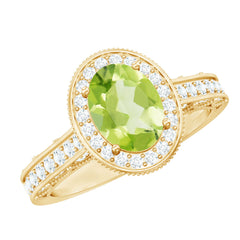 Natural Peridot and Diamond Engagement Ring with Milgrain Details