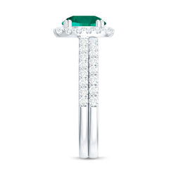 Certified Lab Grown Emerald Halo Engagement Ring with Moissanite Wedding Band