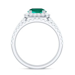 Certified Lab Grown Emerald Halo Engagement Ring with Moissanite Wedding Band