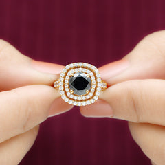 Certified 8mm Black Onyx Statement Engagement Ring with Diamond Double Halo
