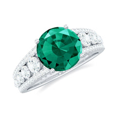 Certified 8 mm Lab Grown Emerald Statement Engagement Ring with Side Stones