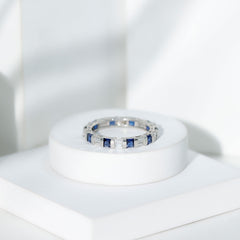 Certified Lab Grown Blue Sapphire Eternity Band Ring with Moissanite