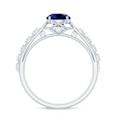 Round Lab Grown Blue Sapphire Solitaire Ring with Diamond