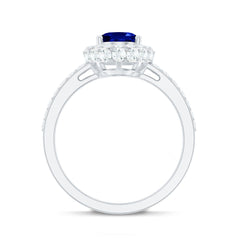 Certified 1.5 Carat Lab Grown Blue Sapphire Oval Engagement Ring with Diamond Halo