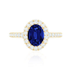Certified 1.5 Carat Lab Grown Blue Sapphire Oval Engagement Ring with Diamond Halo
