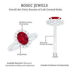 2.75 CT Oval Cut Created Ruby Ring with Moissanite Halo