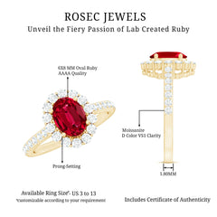 2.75 CT Oval Cut Created Ruby Ring with Moissanite Halo
