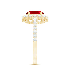 2.75 CT Oval Cut Created Ruby Ring with Moissanite Halo
