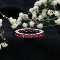 Claw Set Created Ruby Heart Eternity Band Ring in Gold