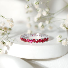 Claw Set Created Ruby Heart Eternity Band Ring in Gold