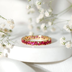 Claw Set Created Ruby Heart Eternity Band Ring in Gold