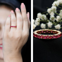 Claw Set Created Ruby Heart Eternity Band Ring in Gold