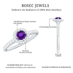Genuine Amethyst and Diamond Halo Engagement Ring