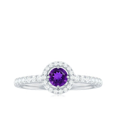Genuine Amethyst and Diamond Halo Engagement Ring