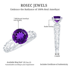 7 MM Round Amethyst Solitaire Engagement Ring with Gold Filigree Details