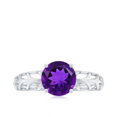 7 MM Round Amethyst Solitaire Engagement Ring with Gold Filigree Details