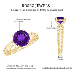 7 MM Round Amethyst Solitaire Engagement Ring with Gold Filigree Details