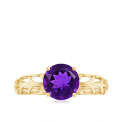 7 MM Round Amethyst Solitaire Engagement Ring with Gold Filigree Details