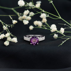 2.25 CT Round Amethyst Solitaire Engagement Ring with Moissanite Accents