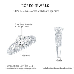 Round Cut Moissanite Vintage Engagement Ring With Diagonal Prongs