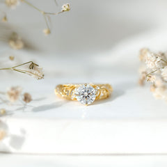 Round Cut Moissanite Vintage Engagement Ring With Diagonal Prongs