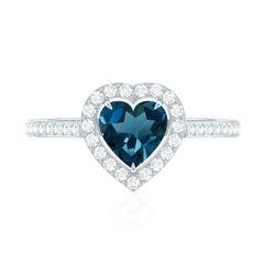 Heart Shaped London Blue Topaz Engagement Ring with Diamond Halo