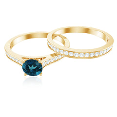 5mm London Blue Topaz Classic Engagement Ring with Diamond Wedding band