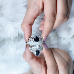 Lab Grown Black Diamond Teardrop Engagement Ring with Moissanite Wedding Band